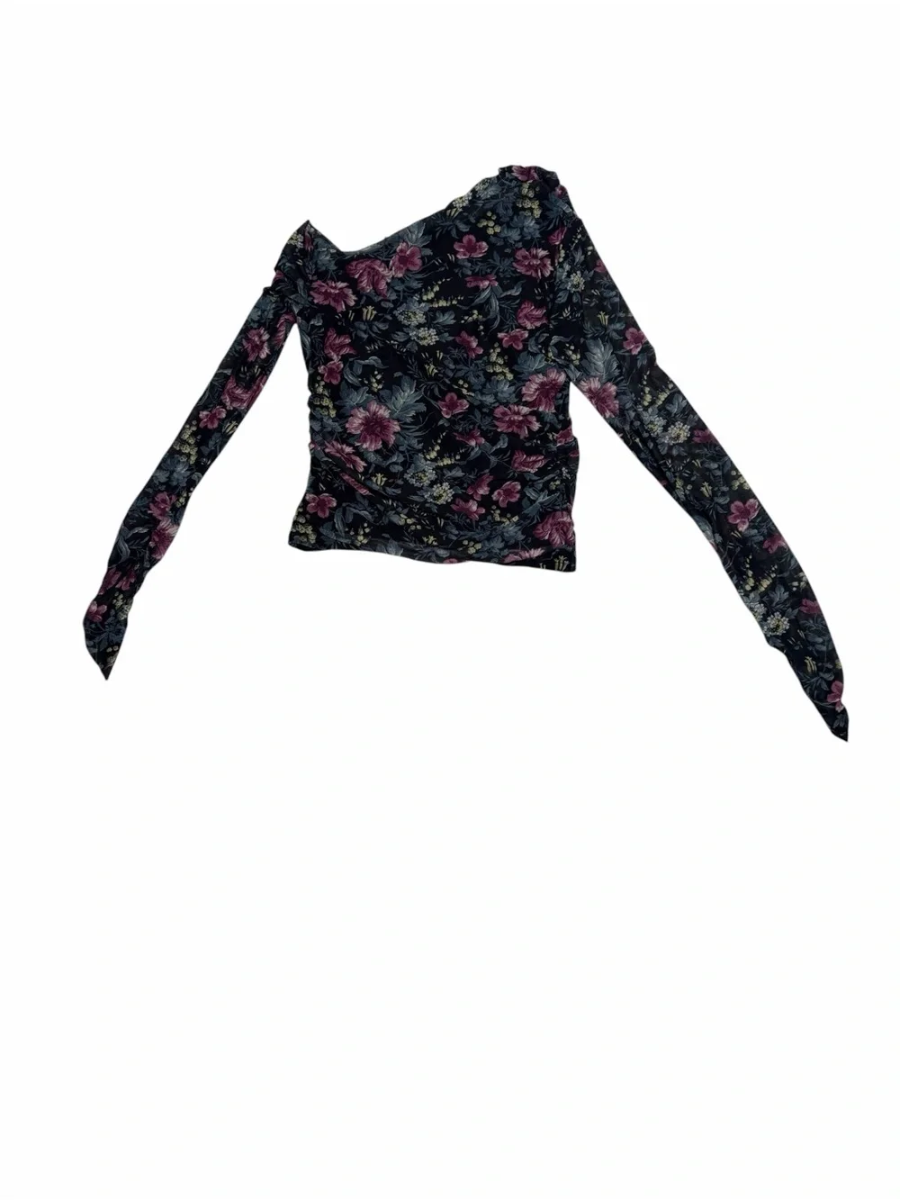 Anthropologie Floral Mesh Off Shoulder Ruched Long Sleeve Top Size Small